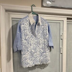 Pastels Blue and White Lace women’s qtr sleeve  blouse